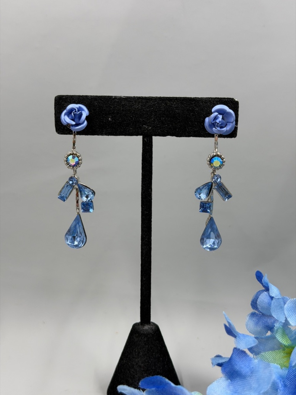 Blue Crystal Aurora Borealis Rose Bud Drop Earrings